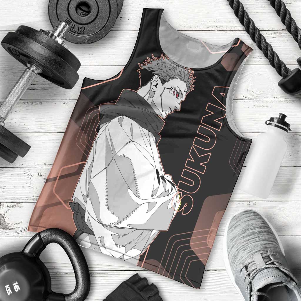 Ryomen Sukuna Jujutsu Kaisen Brown Hexagon Design Men Tank Top with Cursed Marks and Manga Style Art - The Mazicc