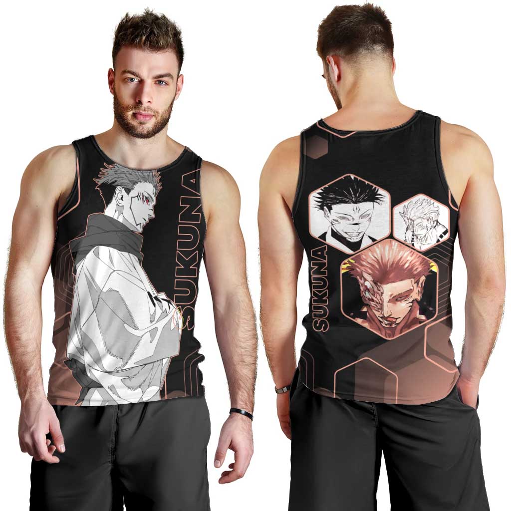 Ryomen Sukuna Jujutsu Kaisen Brown Hexagon Design Men Tank Top with Cursed Marks and Manga Style Art - The Mazicc