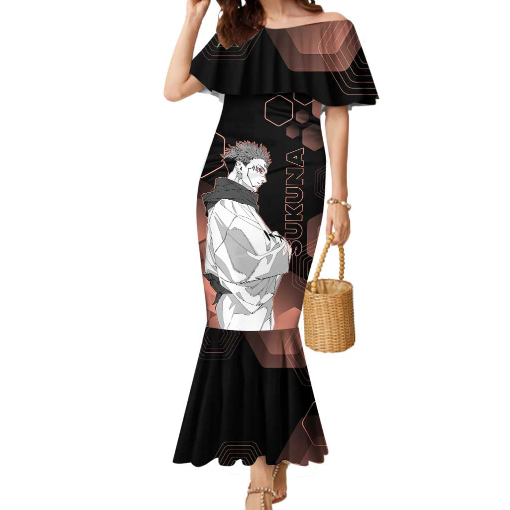 Ryomen Sukuna Jujutsu Kaisen Brown Hexagon Design Mermaid Dress with Cursed Marks and Manga Style Art - The Mazicc