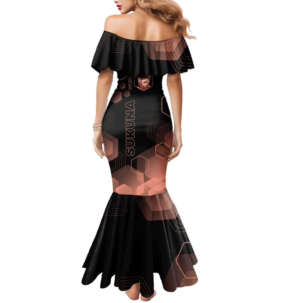 Ryomen Sukuna Jujutsu Kaisen Brown Hexagon Design Mermaid Dress with Cursed Marks and Manga Style Art - The Mazicc