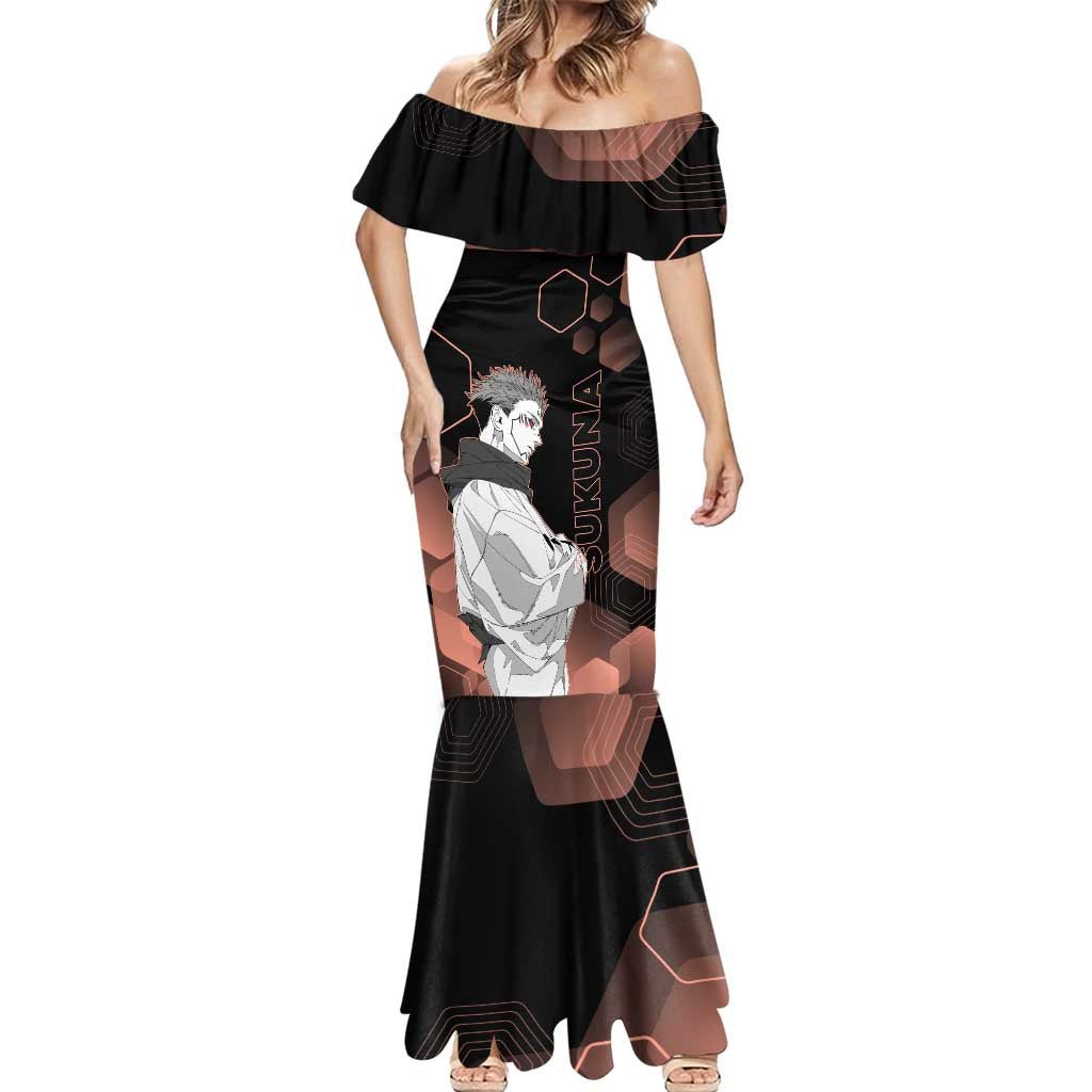 Ryomen Sukuna Jujutsu Kaisen Brown Hexagon Design Mermaid Dress with Cursed Marks and Manga Style Art - The Mazicc