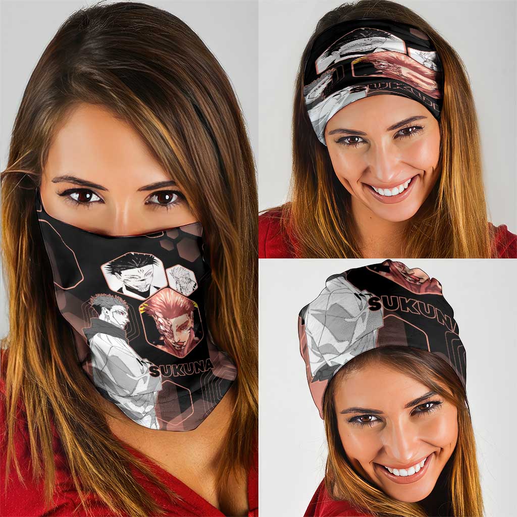 Ryomen Sukuna Jujutsu Kaisen Brown Hexagon Design Neck Gaiter with Cursed Marks and Manga Style Art - The Mazicc