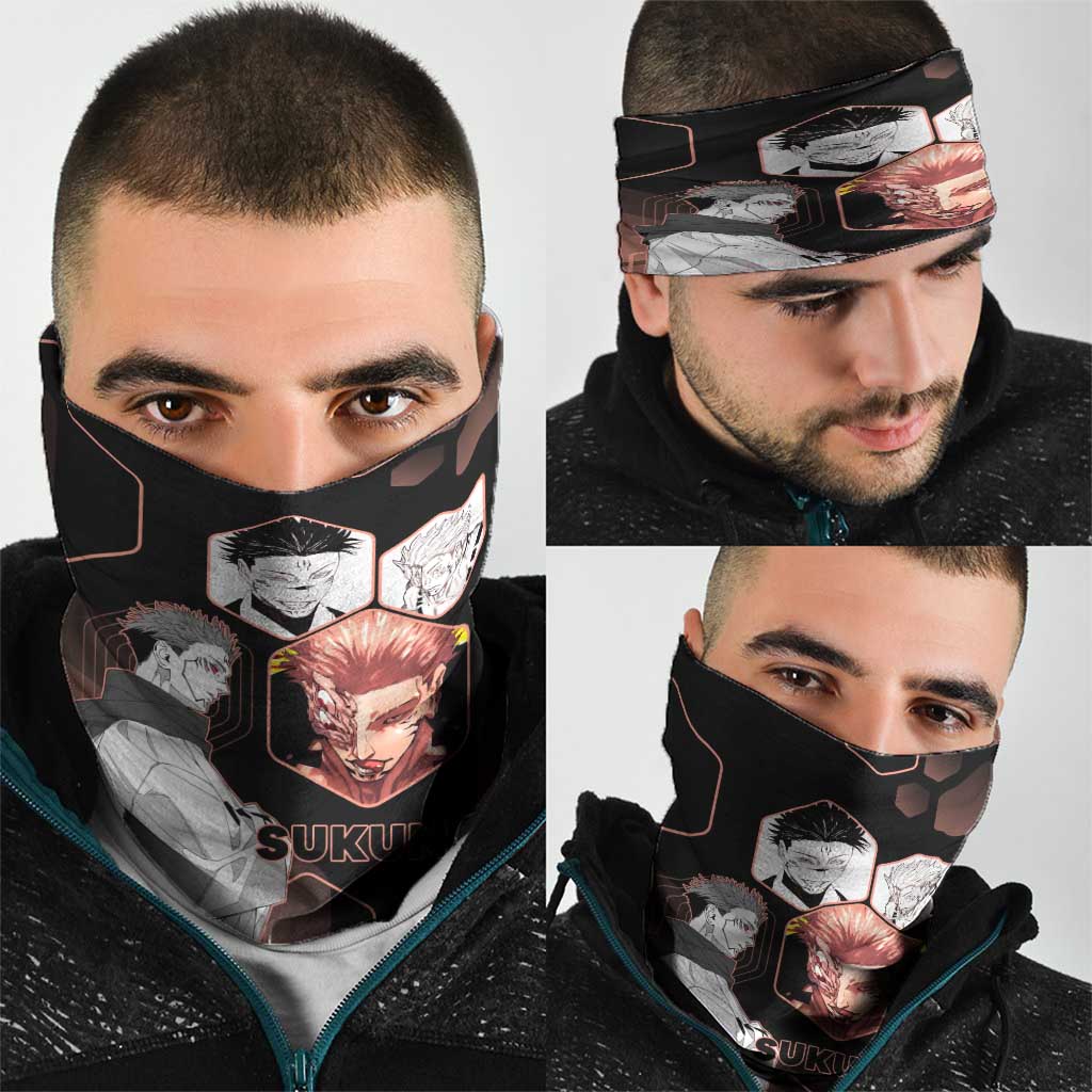 Ryomen Sukuna Jujutsu Kaisen Brown Hexagon Design Neck Gaiter with Cursed Marks and Manga Style Art - The Mazicc