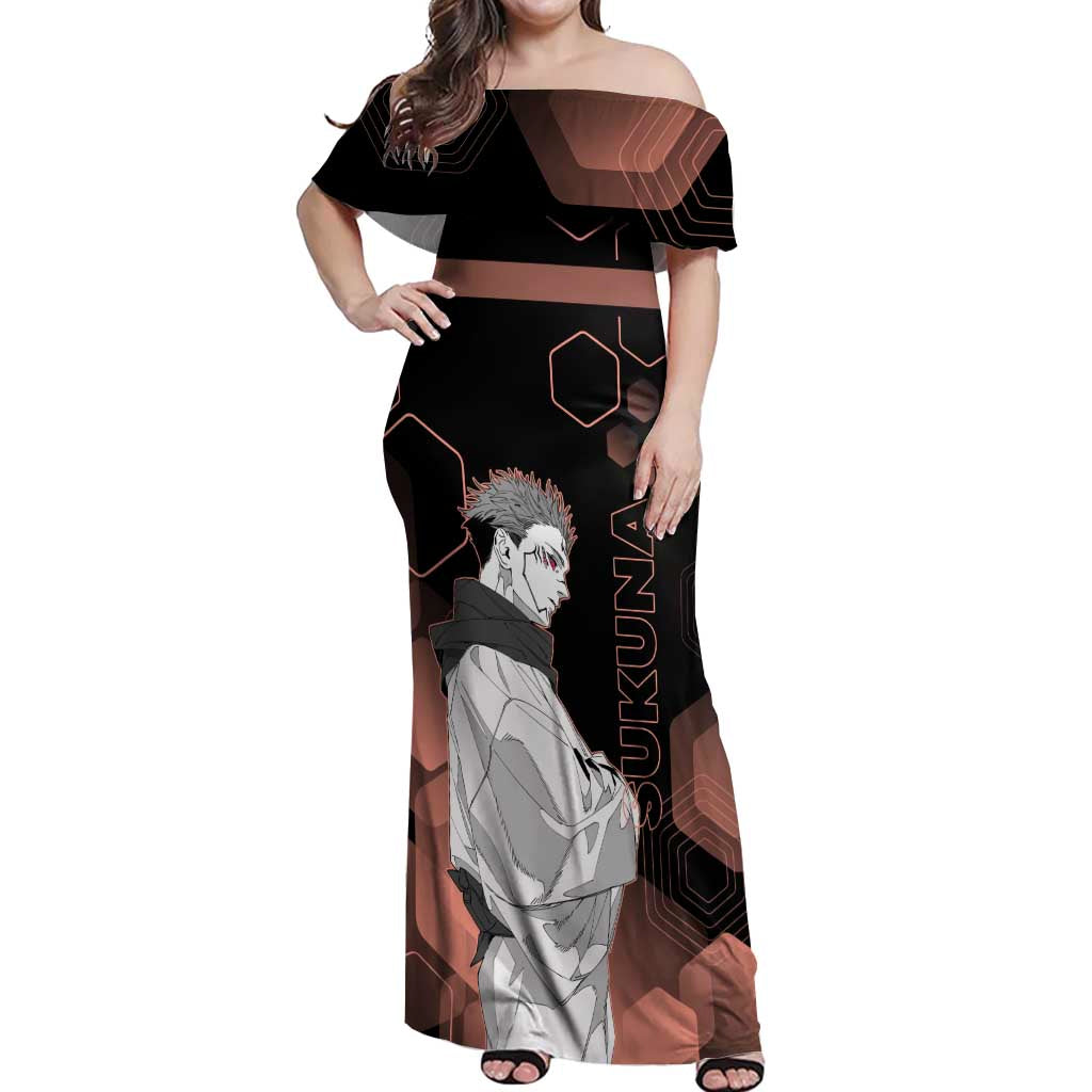 Ryomen Sukuna Jujutsu Kaisen Brown Hexagon Design Off Shoulder Maxi Dress with Cursed Marks and Manga Style Art - The Mazicc