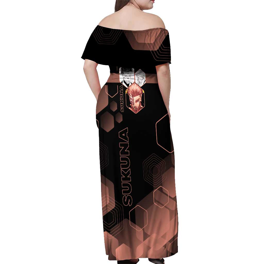 Ryomen Sukuna Jujutsu Kaisen Brown Hexagon Design Off Shoulder Maxi Dress with Cursed Marks and Manga Style Art - The Mazicc