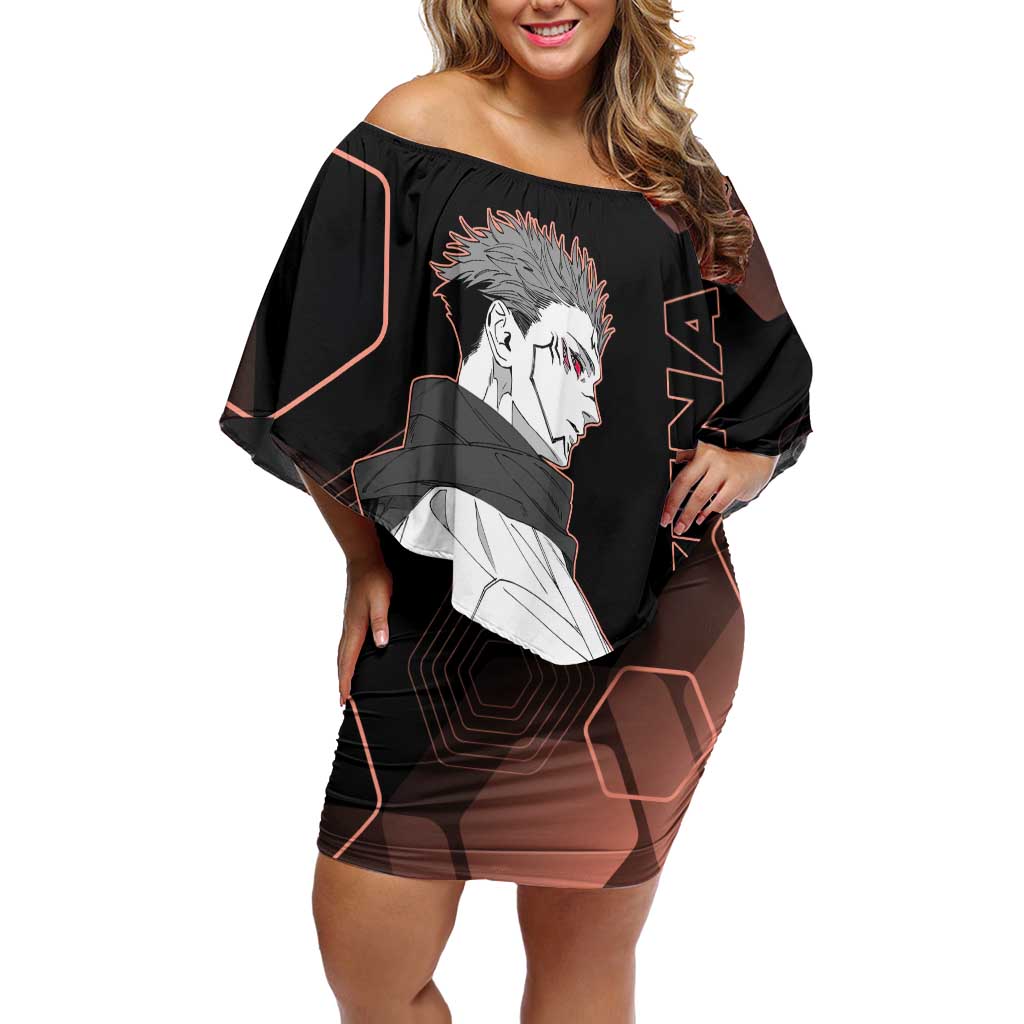 Ryomen Sukuna Jujutsu Kaisen Brown Hexagon Design Off Shoulder Short Dress with Cursed Marks and Manga Style Art - The Mazicc