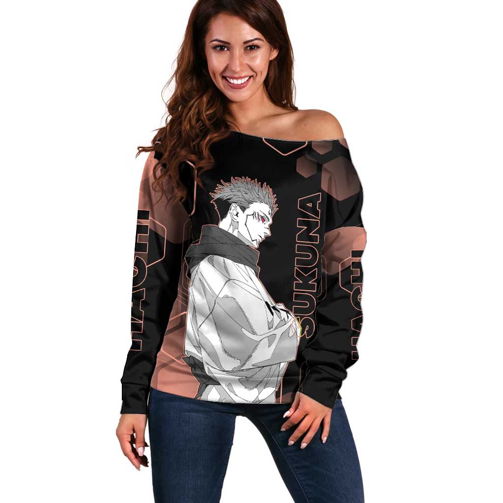 Ryomen Sukuna Jujutsu Kaisen Brown Hexagon Design Off Shoulder Sweater with Cursed Marks and Manga Style Art - The Mazicc