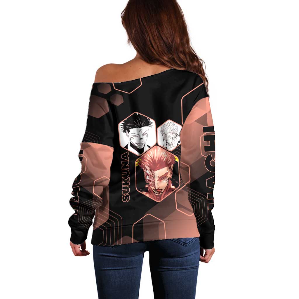 Ryomen Sukuna Jujutsu Kaisen Brown Hexagon Design Off Shoulder Sweater with Cursed Marks and Manga Style Art - The Mazicc