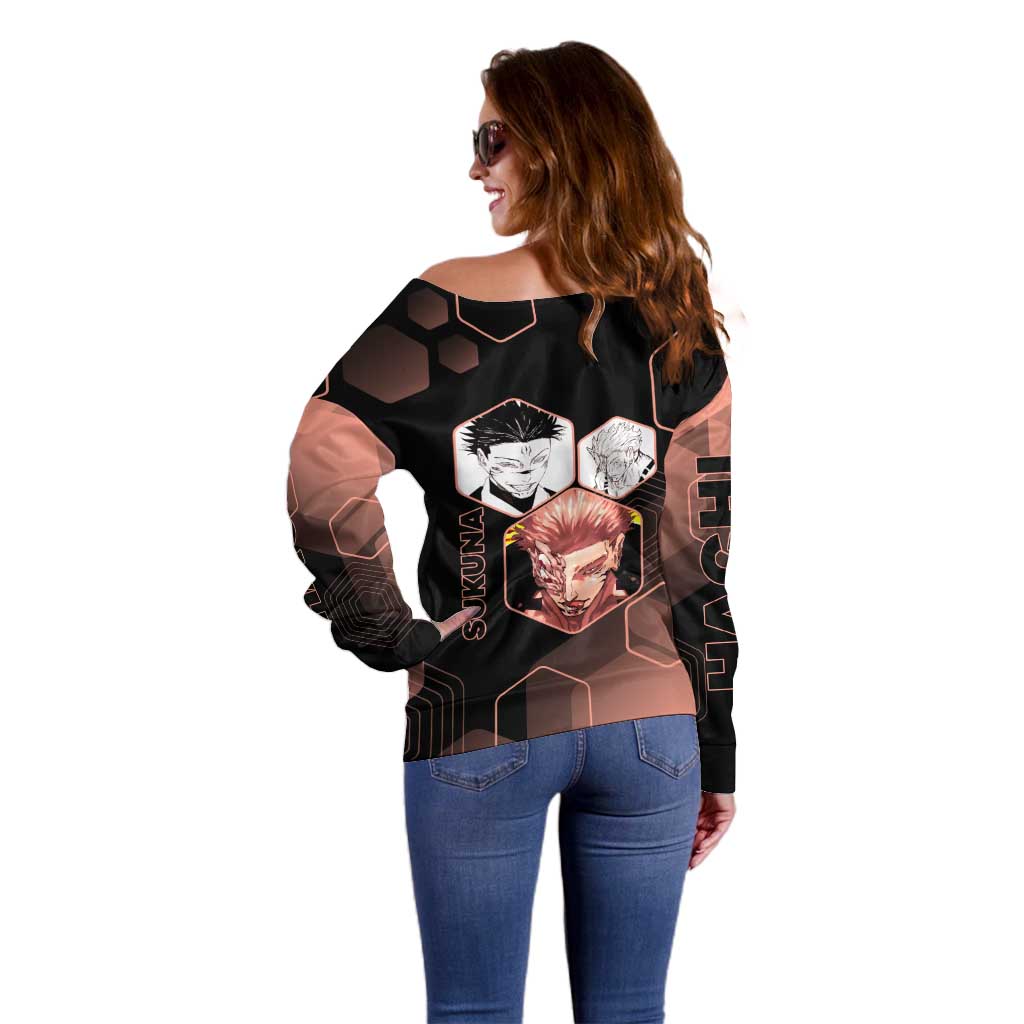 Ryomen Sukuna Jujutsu Kaisen Brown Hexagon Design Off Shoulder Sweater with Cursed Marks and Manga Style Art - The Mazicc