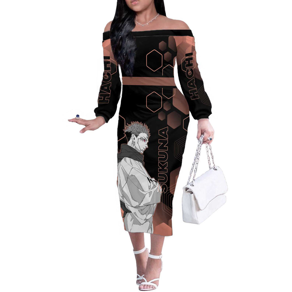 Ryomen Sukuna Jujutsu Kaisen Brown Hexagon Design Off The Shoulder Long Sleeve Dress with Cursed Marks and Manga Style Art - The Mazicc