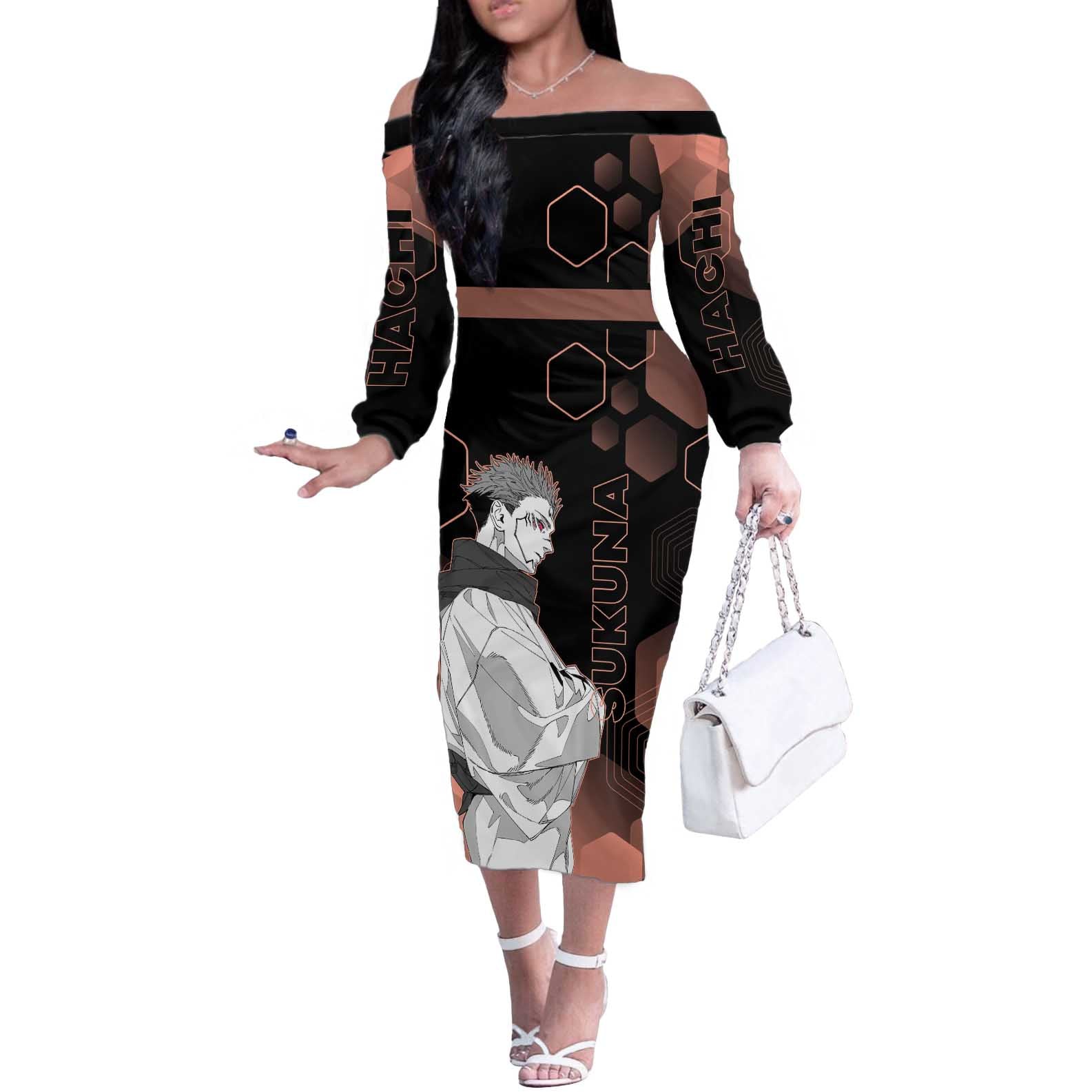 Ryomen Sukuna Jujutsu Kaisen Brown Hexagon Design Off The Shoulder Long Sleeve Dress with Cursed Marks and Manga Style Art - The Mazicc