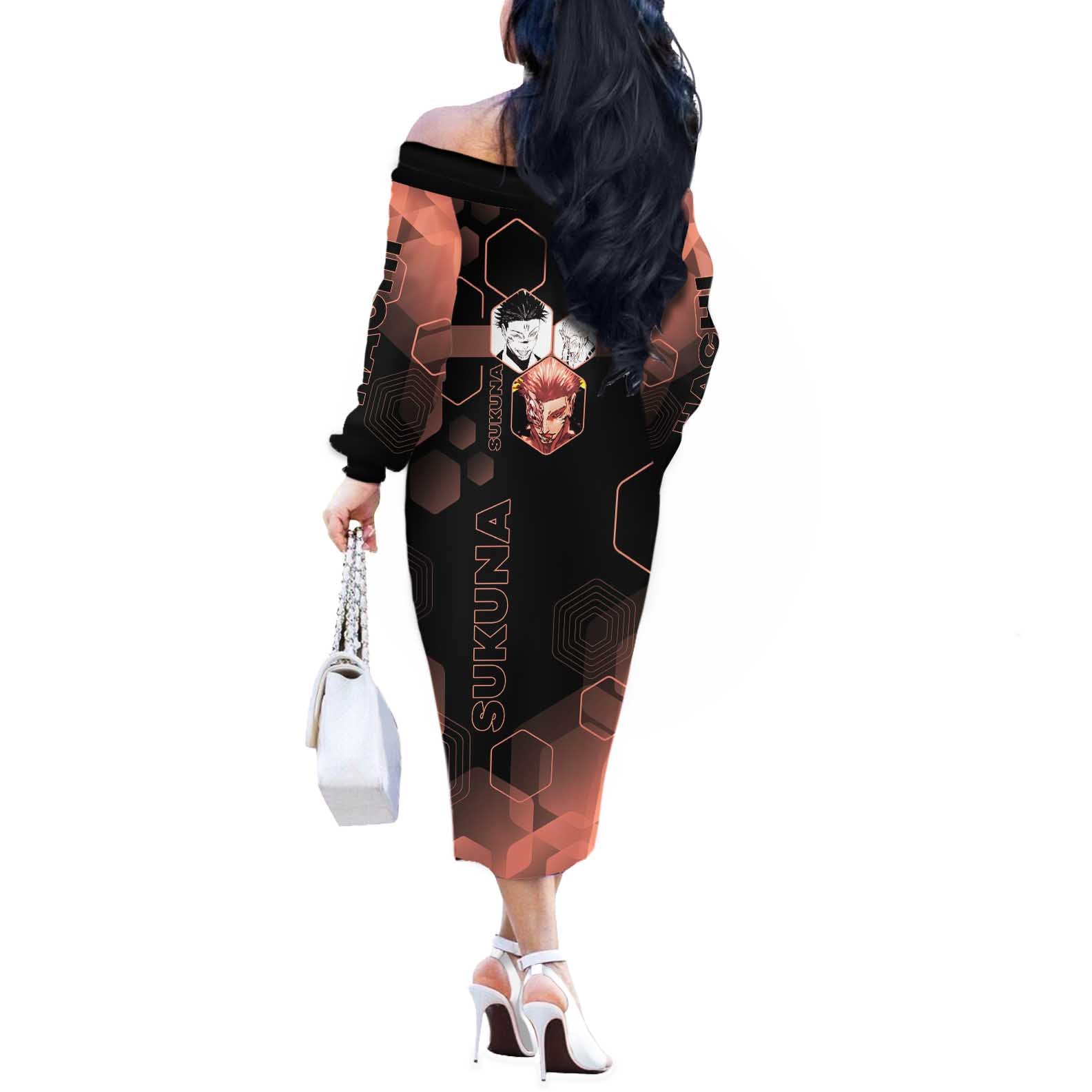 Ryomen Sukuna Jujutsu Kaisen Brown Hexagon Design Off The Shoulder Long Sleeve Dress with Cursed Marks and Manga Style Art - The Mazicc