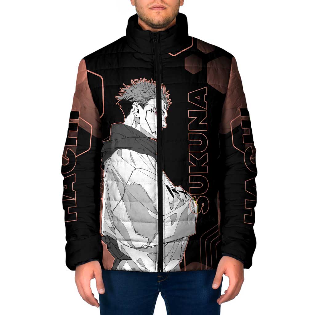 Ryomen Sukuna Jujutsu Kaisen Brown Hexagon Design Padded Jacket with Cursed Marks and Manga Style Art - The Mazicc