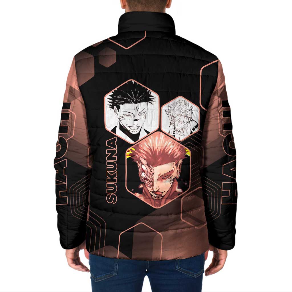 Ryomen Sukuna Jujutsu Kaisen Brown Hexagon Design Padded Jacket with Cursed Marks and Manga Style Art - The Mazicc