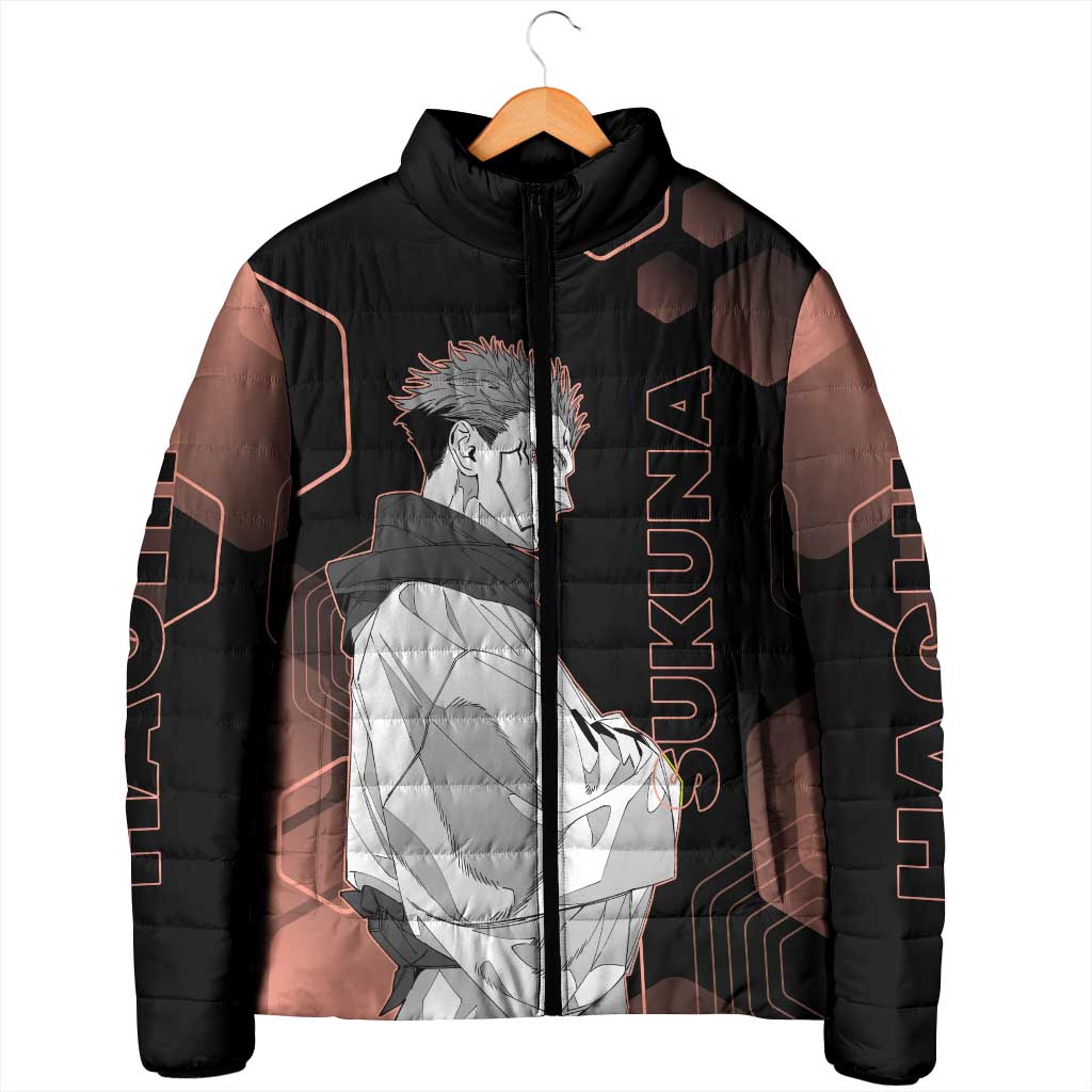 Ryomen Sukuna Jujutsu Kaisen Brown Hexagon Design Padded Jacket with Cursed Marks and Manga Style Art - The Mazicc
