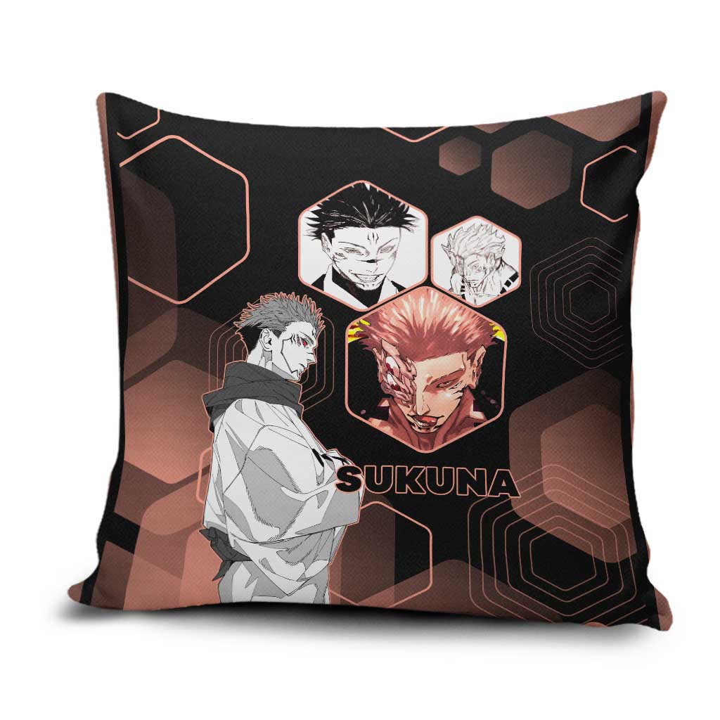 Ryomen Sukuna Jujutsu Kaisen Brown Hexagon Design Pillow Cover with Cursed Marks and Manga Style Art - The Mazicc