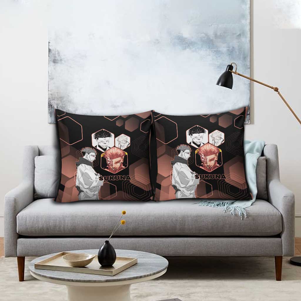 Ryomen Sukuna Jujutsu Kaisen Brown Hexagon Design Pillow Cover with Cursed Marks and Manga Style Art - The Mazicc