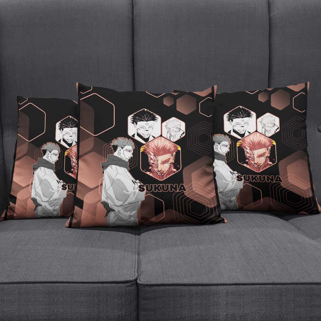 Ryomen Sukuna Jujutsu Kaisen Brown Hexagon Design Pillow Cover with Cursed Marks and Manga Style Art - The Mazicc