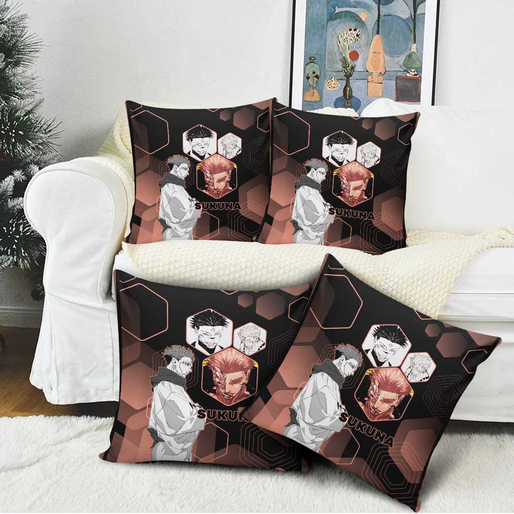 Ryomen Sukuna Jujutsu Kaisen Brown Hexagon Design Pillow Cover with Cursed Marks and Manga Style Art - The Mazicc