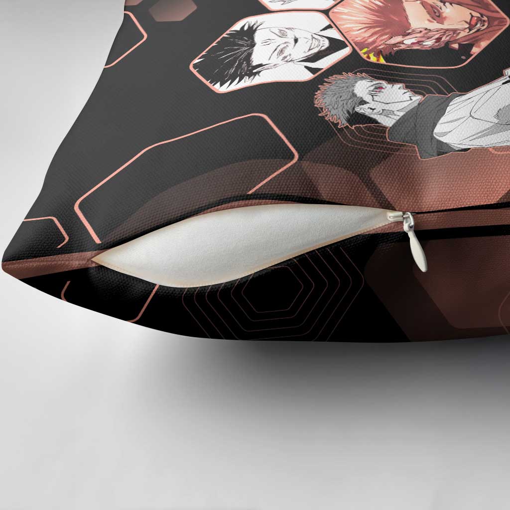 Ryomen Sukuna Jujutsu Kaisen Brown Hexagon Design Pillow Cover with Cursed Marks and Manga Style Art - The Mazicc