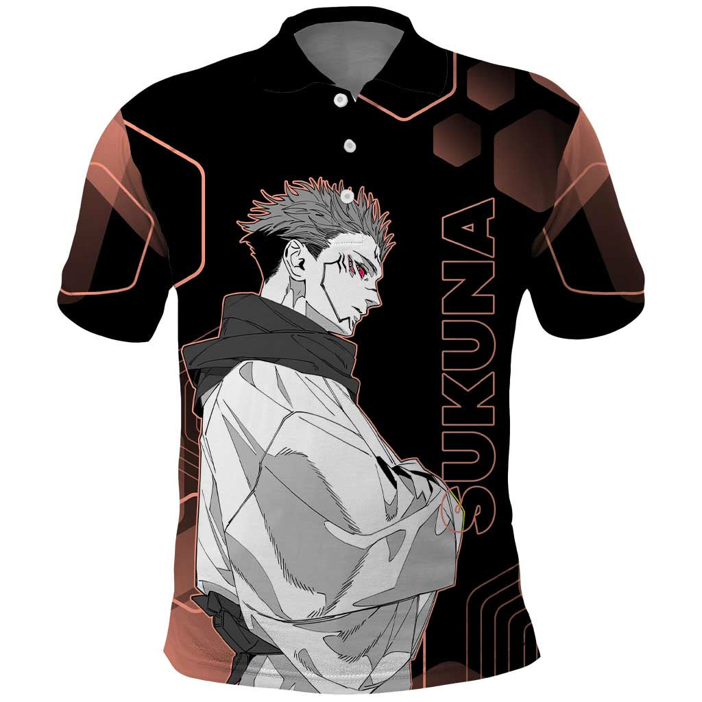 Ryomen Sukuna Jujutsu Kaisen Brown Hexagon Design Polo Shirt with Cursed Marks and Manga Style Art - The Mazicc
