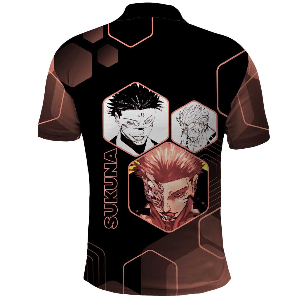 Ryomen Sukuna Jujutsu Kaisen Brown Hexagon Design Polo Shirt with Cursed Marks and Manga Style Art - The Mazicc