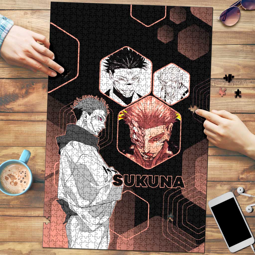Ryomen Sukuna Jujutsu Kaisen Brown Hexagon Design Puzzle with Cursed Marks and Manga Style Art - The Mazicc