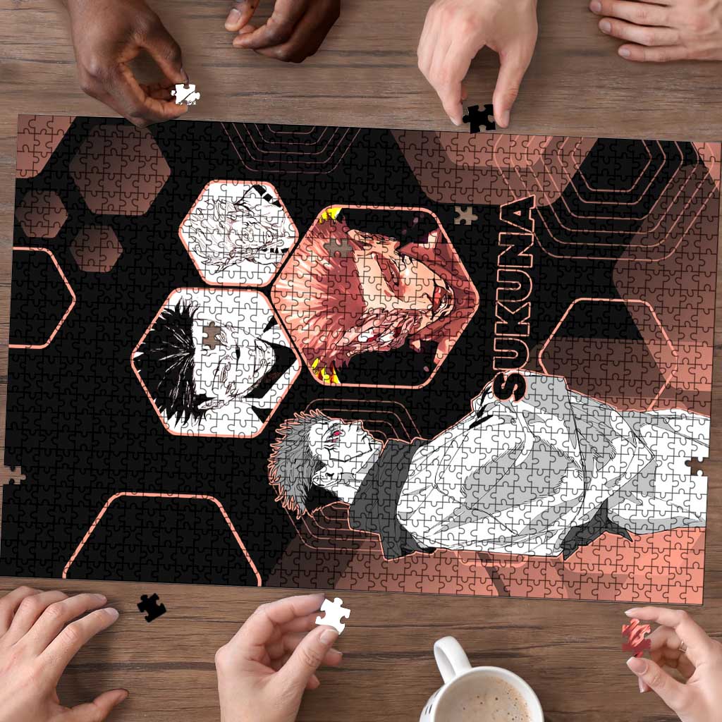 Ryomen Sukuna Jujutsu Kaisen Brown Hexagon Design Puzzle with Cursed Marks and Manga Style Art - The Mazicc