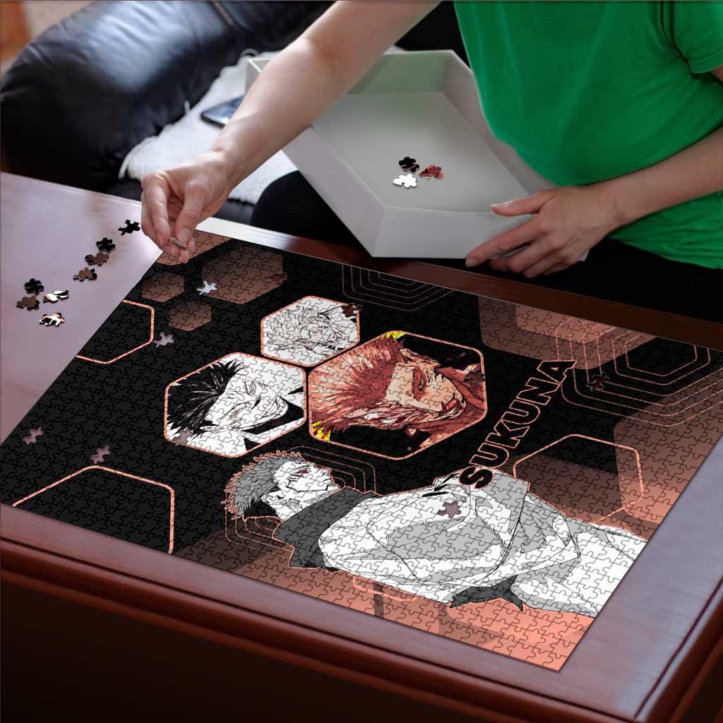 Ryomen Sukuna Jujutsu Kaisen Brown Hexagon Design Puzzle with Cursed Marks and Manga Style Art - The Mazicc