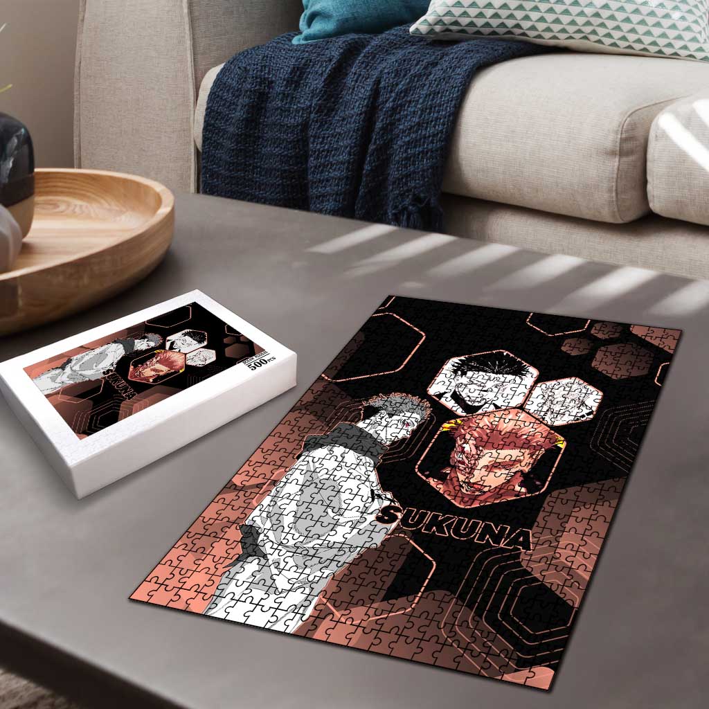 Ryomen Sukuna Jujutsu Kaisen Brown Hexagon Design Puzzle with Cursed Marks and Manga Style Art - The Mazicc