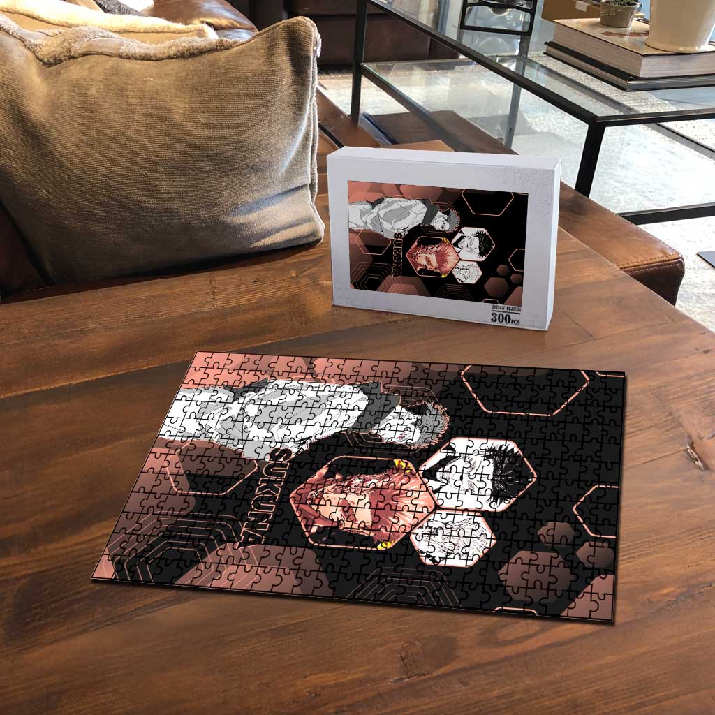 Ryomen Sukuna Jujutsu Kaisen Brown Hexagon Design Puzzle with Cursed Marks and Manga Style Art - The Mazicc