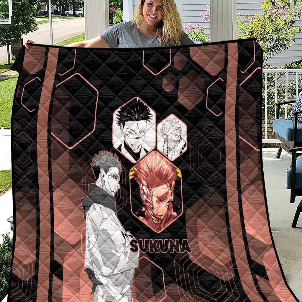 Ryomen Sukuna Jujutsu Kaisen Brown Hexagon Design Quilt with Cursed Marks and Manga Style Art - The Mazicc