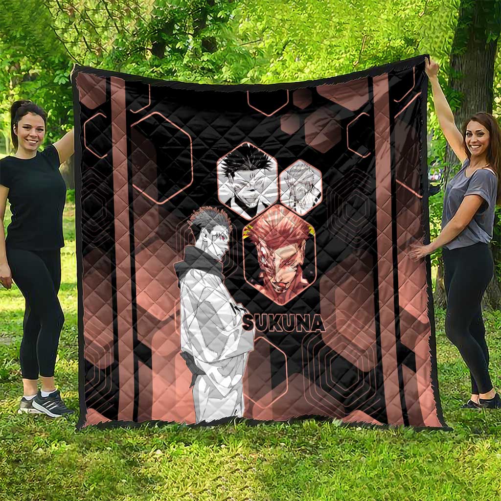 Ryomen Sukuna Jujutsu Kaisen Brown Hexagon Design Quilt with Cursed Marks and Manga Style Art - The Mazicc