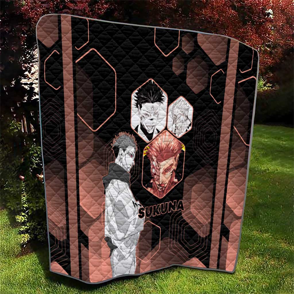 Ryomen Sukuna Jujutsu Kaisen Brown Hexagon Design Quilt with Cursed Marks and Manga Style Art - The Mazicc
