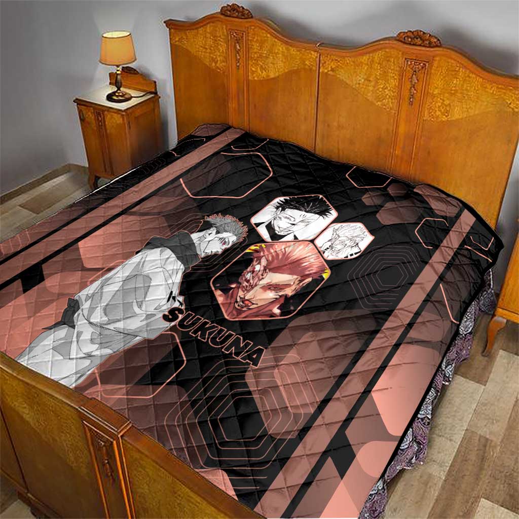 Ryomen Sukuna Jujutsu Kaisen Brown Hexagon Design Quilt with Cursed Marks and Manga Style Art - The Mazicc