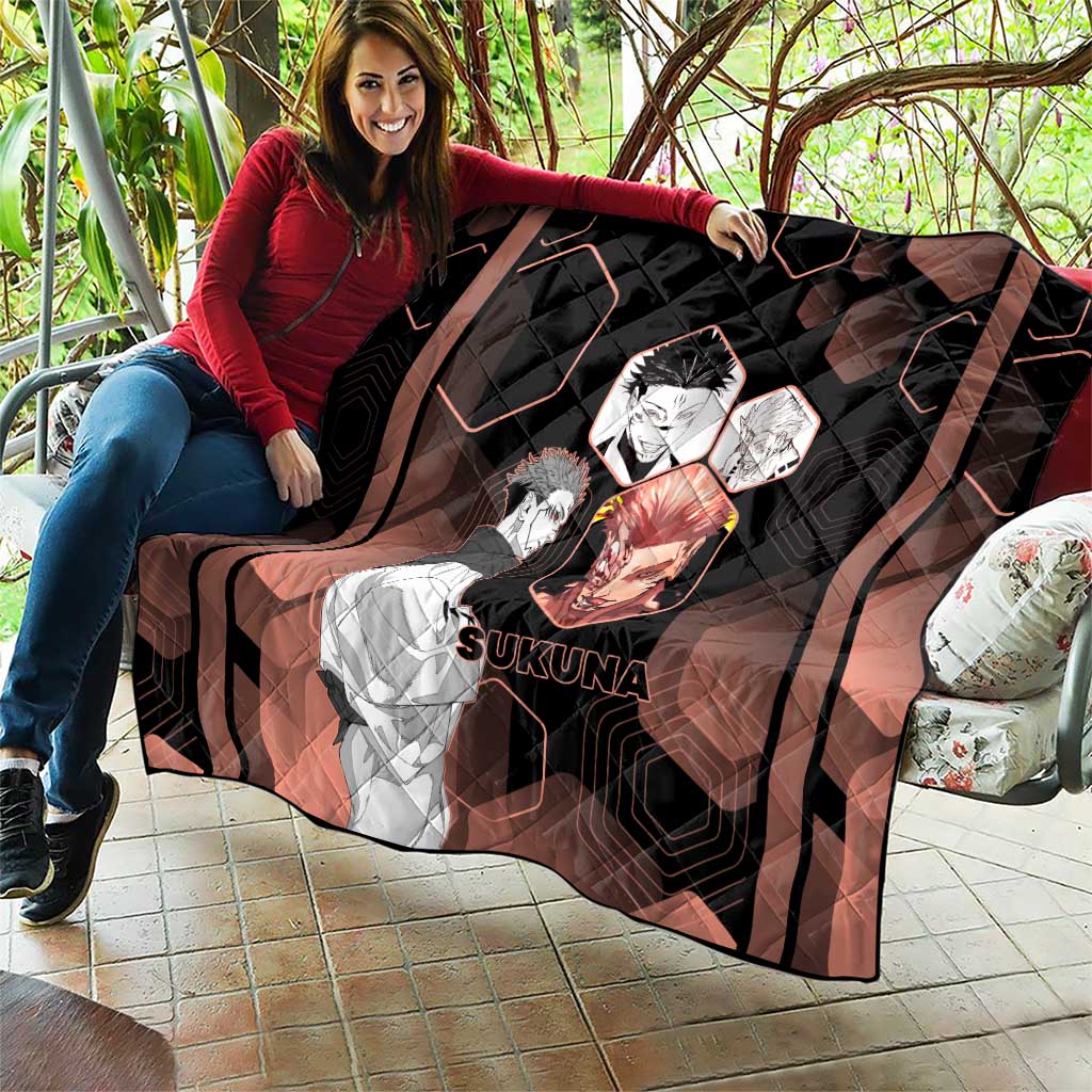 Ryomen Sukuna Jujutsu Kaisen Brown Hexagon Design Quilt with Cursed Marks and Manga Style Art - The Mazicc