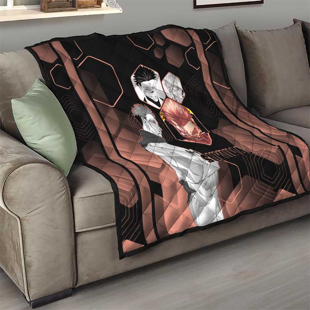 Ryomen Sukuna Jujutsu Kaisen Brown Hexagon Design Quilt with Cursed Marks and Manga Style Art - The Mazicc