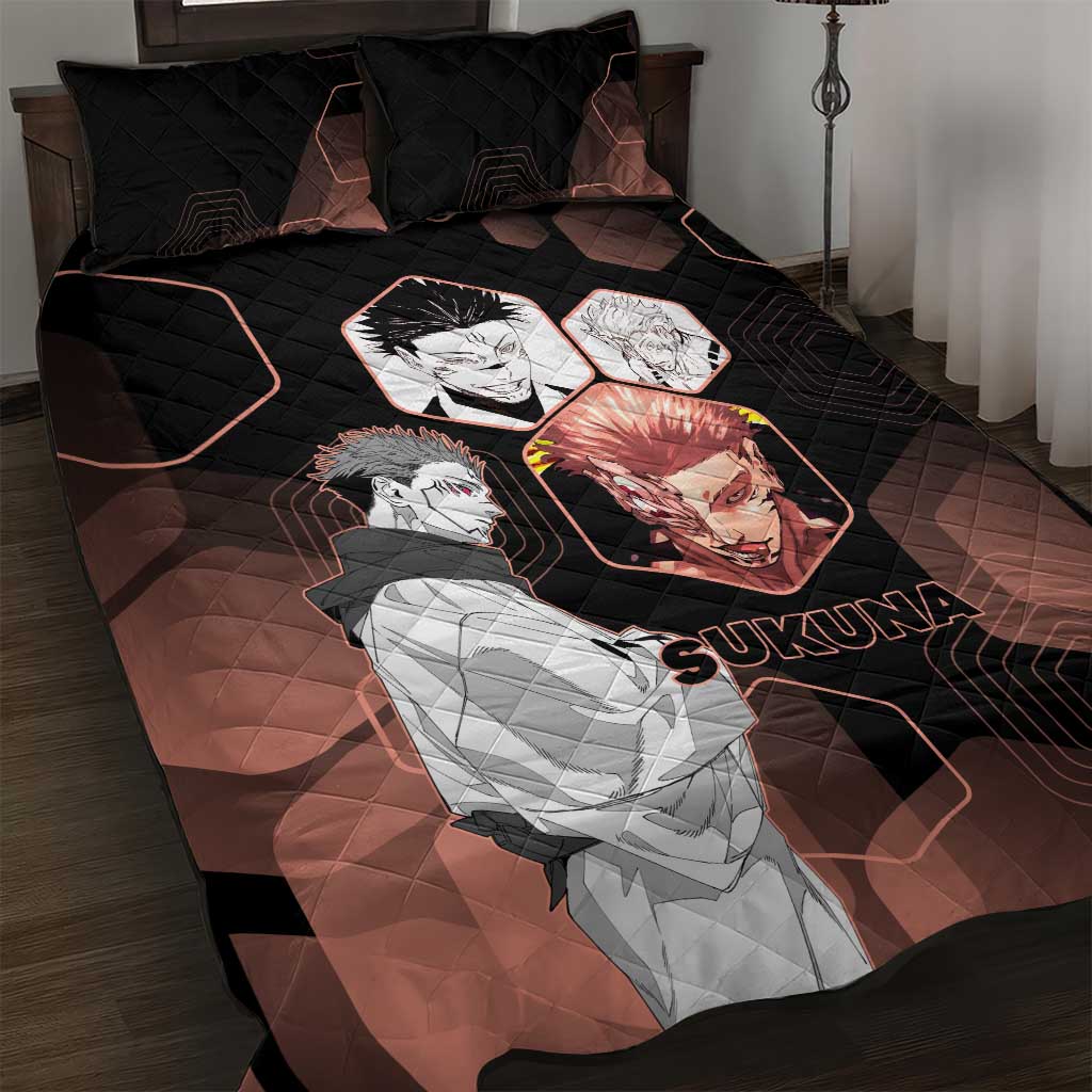Ryomen Sukuna Jujutsu Kaisen Brown Hexagon Design Quilt Bed Set with Cursed Marks and Manga Style Art - The Mazicc