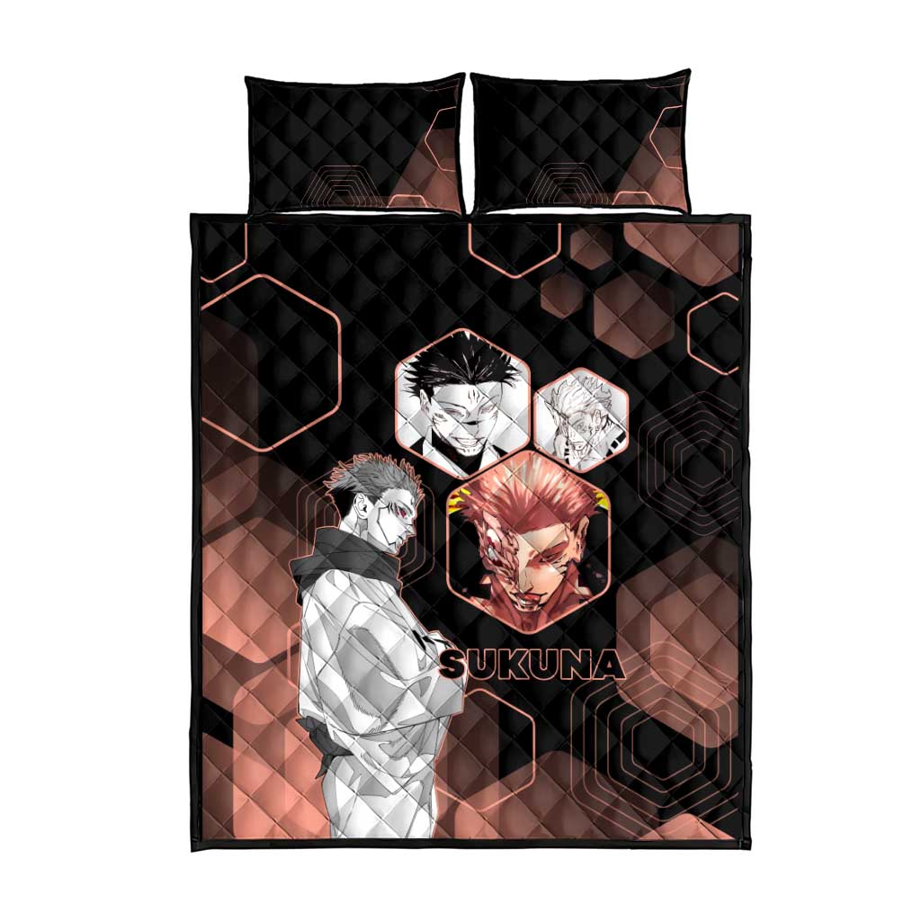 Ryomen Sukuna Jujutsu Kaisen Brown Hexagon Design Quilt Bed Set with Cursed Marks and Manga Style Art - The Mazicc
