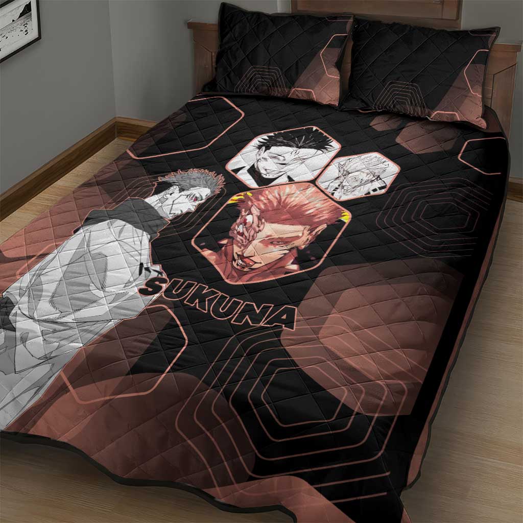 Ryomen Sukuna Jujutsu Kaisen Brown Hexagon Design Quilt Bed Set with Cursed Marks and Manga Style Art - The Mazicc
