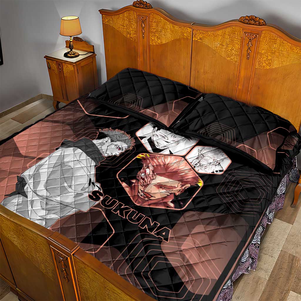 Ryomen Sukuna Jujutsu Kaisen Brown Hexagon Design Quilt Bed Set with Cursed Marks and Manga Style Art - The Mazicc