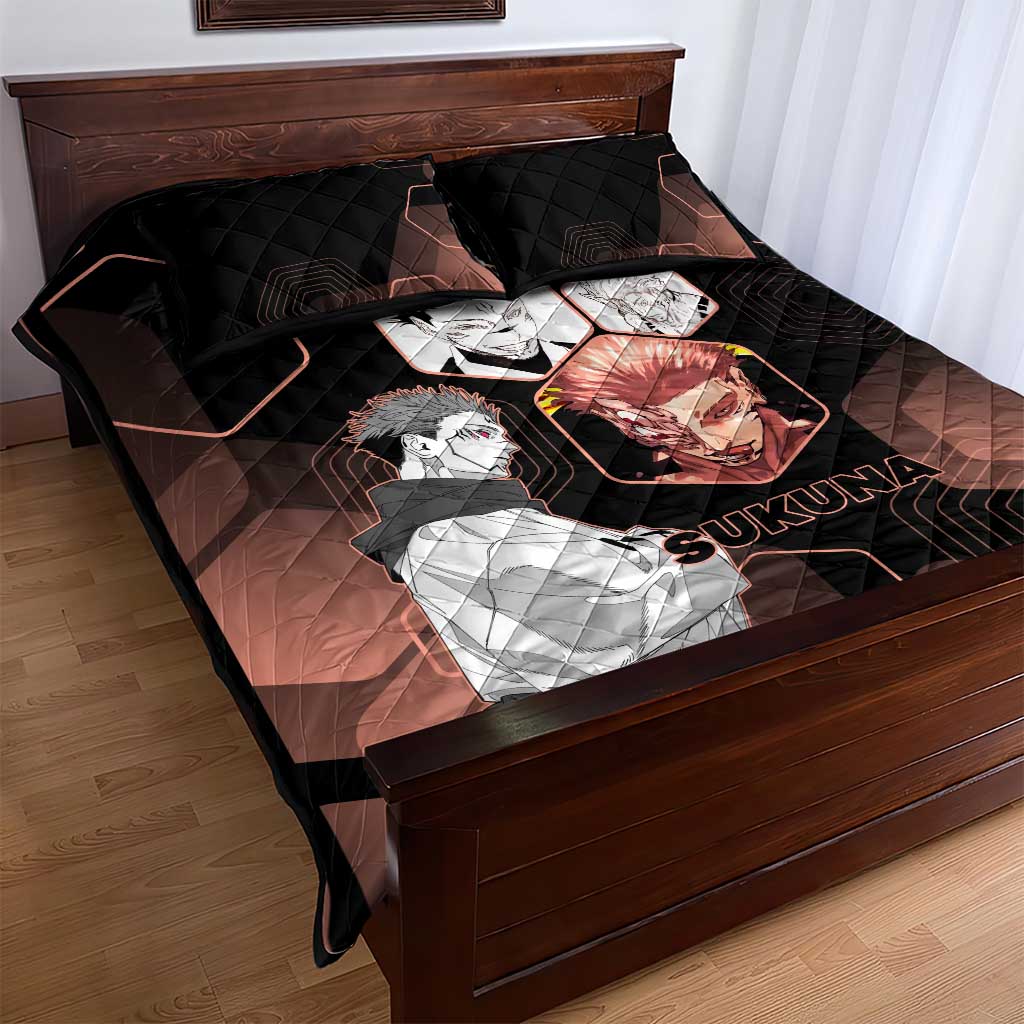Ryomen Sukuna Jujutsu Kaisen Brown Hexagon Design Quilt Bed Set with Cursed Marks and Manga Style Art - The Mazicc