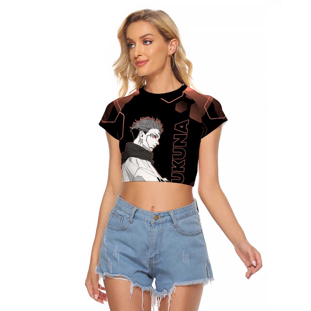 Ryomen Sukuna Jujutsu Kaisen Brown Hexagon Design Raglan Cropped T Shirt with Cursed Marks and Manga Style Art - The Mazicc