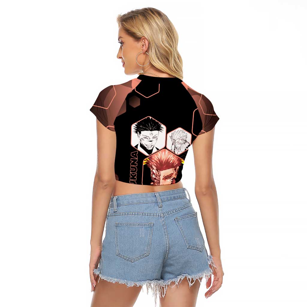 Ryomen Sukuna Jujutsu Kaisen Brown Hexagon Design Raglan Cropped T Shirt with Cursed Marks and Manga Style Art - The Mazicc