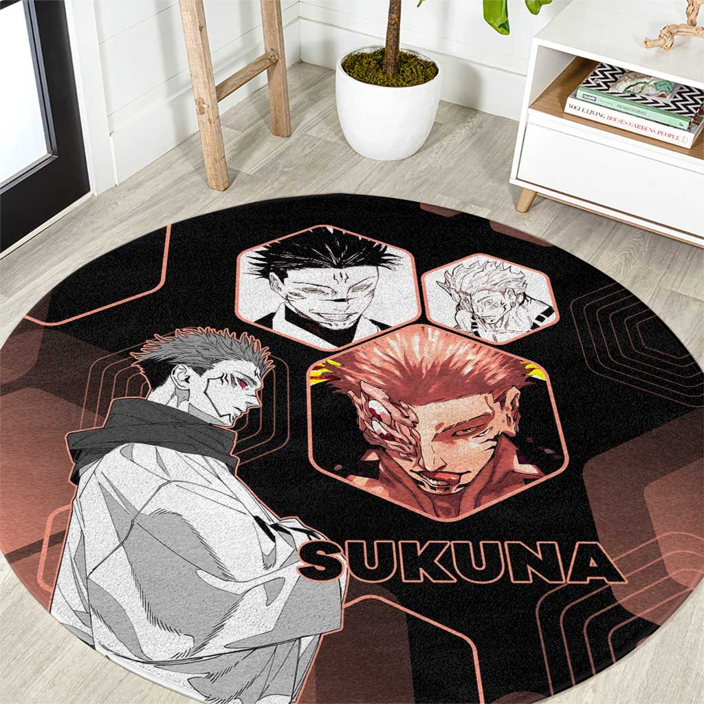Ryomen Sukuna Jujutsu Kaisen Brown Hexagon Design Round Carpet with Cursed Marks and Manga Style Art - The Mazicc