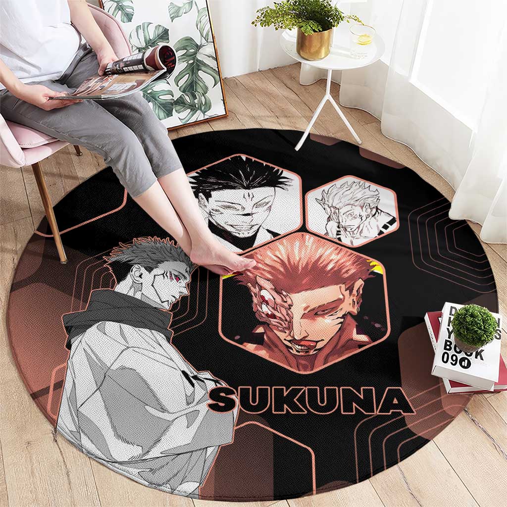 Ryomen Sukuna Jujutsu Kaisen Brown Hexagon Design Round Carpet with Cursed Marks and Manga Style Art - The Mazicc