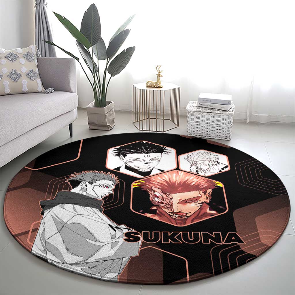 Ryomen Sukuna Jujutsu Kaisen Brown Hexagon Design Round Carpet with Cursed Marks and Manga Style Art - The Mazicc