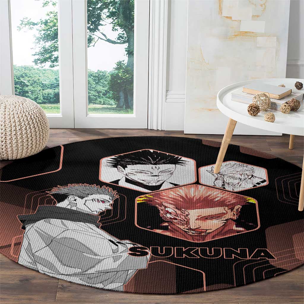 Ryomen Sukuna Jujutsu Kaisen Brown Hexagon Design Round Carpet with Cursed Marks and Manga Style Art - The Mazicc