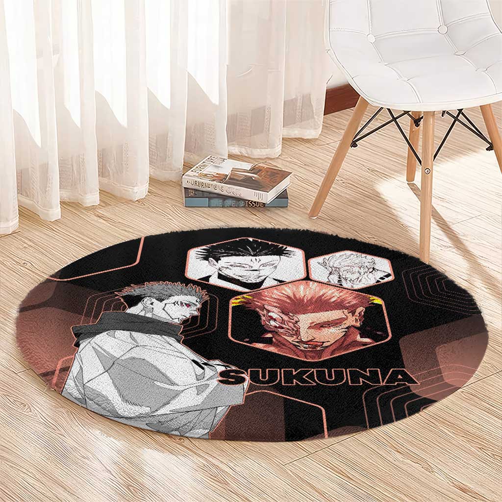 Ryomen Sukuna Jujutsu Kaisen Brown Hexagon Design Round Carpet with Cursed Marks and Manga Style Art - The Mazicc