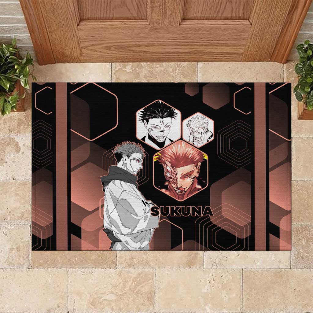 Ryomen Sukuna Jujutsu Kaisen Brown Hexagon Design Rubber Doormat with Cursed Marks and Manga Style Art - The Mazicc